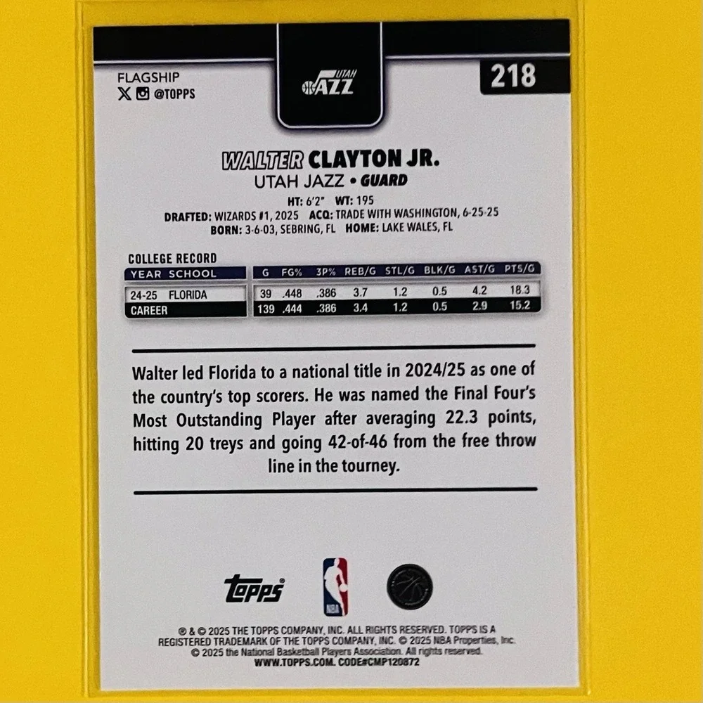 2025-26 Topps Basketball Walter Clayton Jr RC Rookie‎ Card #218 Utah Jazz